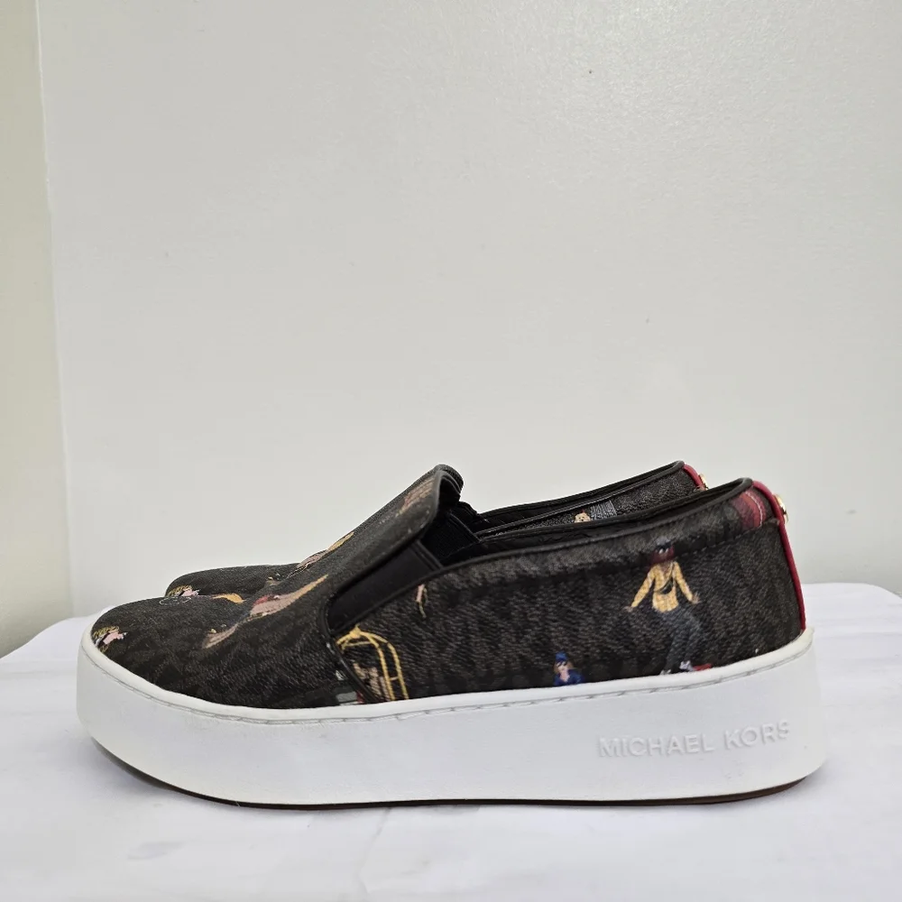 MICHAEL KORS size 7 Jet Set Trent Travel Print Logo Slip On‎ Shoes Brown